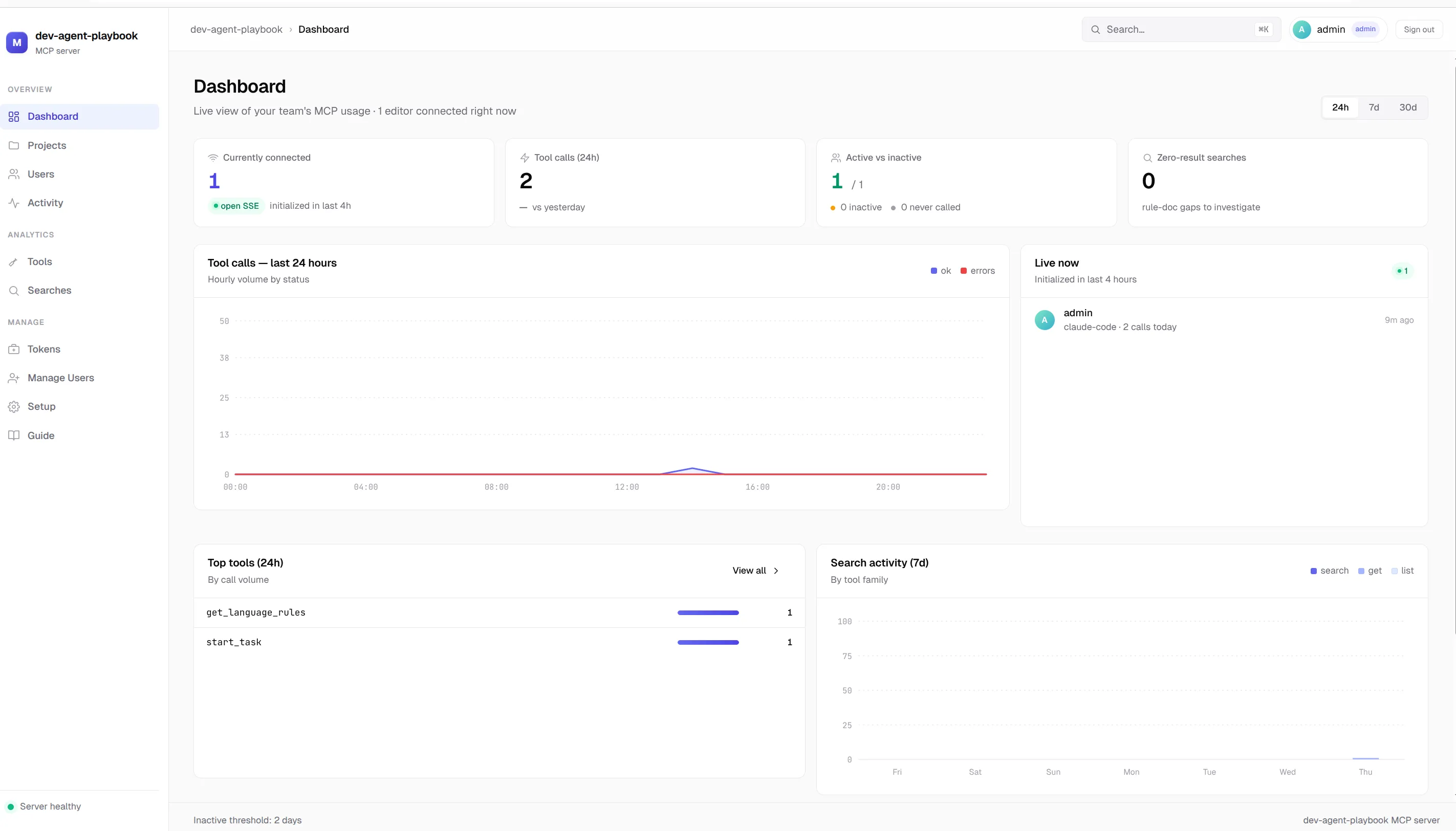 The dev-playbook dashboard home, showing adoption and latency for the MCP tools.