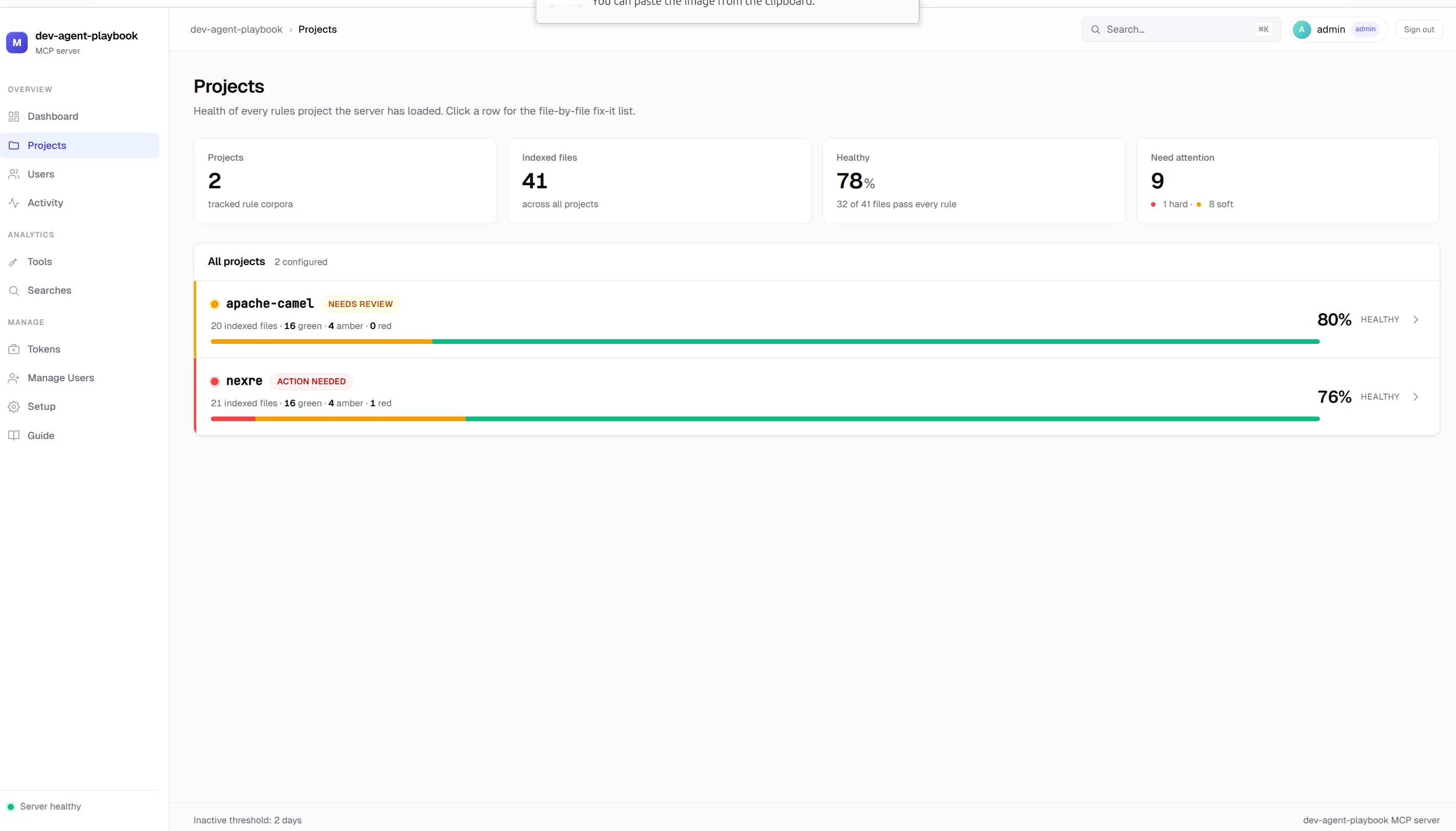 The standards projects list in the dashboard.